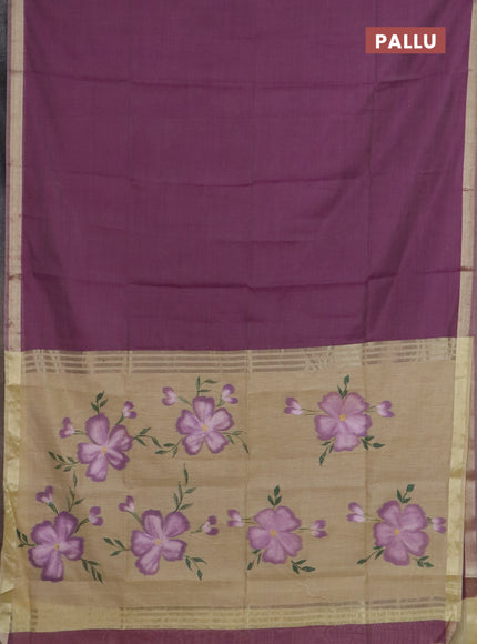 Linen cotton saree purple and sandal with plain body and hand painted pallu