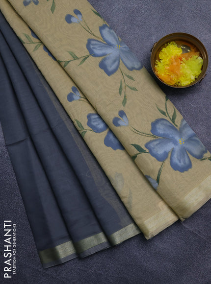 Linen cotton saree grey and sandal with plain body and hand painted pallu