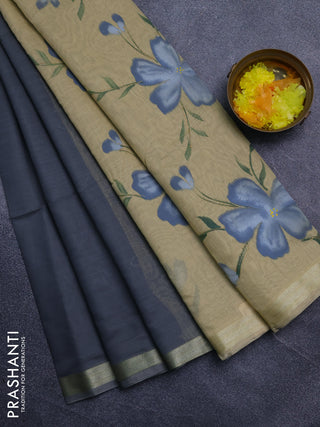 Linen cotton saree grey and sandal with plain body and hand painted pallu