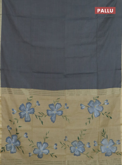 Linen cotton saree grey and sandal with plain body and hand painted pallu