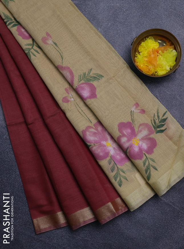 Linen cotton saree maroon and sandal with plain body and hand painted pallu