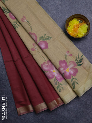 Linen cotton saree maroon and sandal with plain body and hand painted pallu