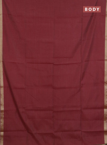 Linen cotton saree maroon and sandal with plain body and hand painted pallu