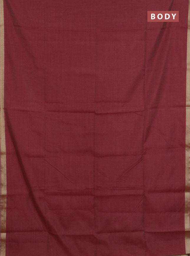 Linen cotton saree maroon and sandal with plain body and hand painted pallu
