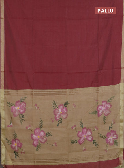 Linen cotton saree maroon and sandal with plain body and hand painted pallu