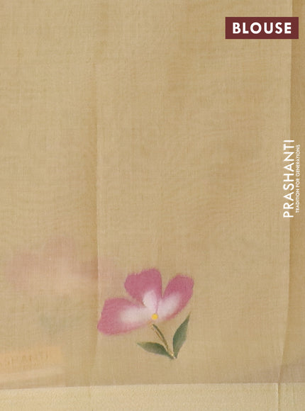 Linen cotton saree maroon and sandal with plain body and hand painted pallu