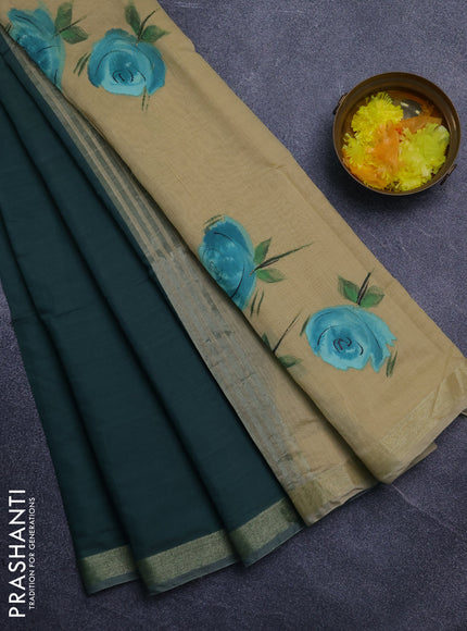 Linen cotton saree blue and sandal with plain body and hand painted pallu