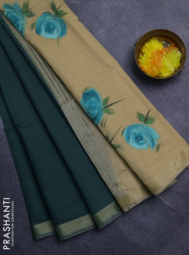 Linen cotton saree blue and sandal with plain body and hand painted pallu