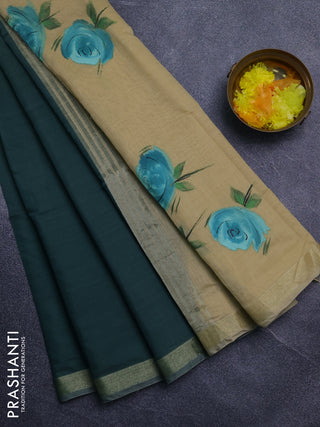 Linen cotton saree blue and sandal with plain body and hand painted pallu
