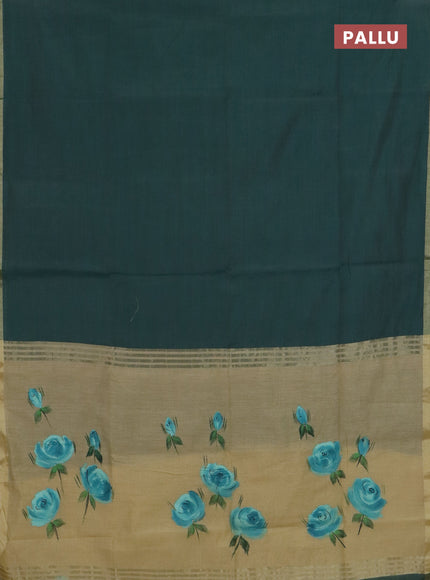 Linen cotton saree blue and sandal with plain body and hand painted pallu