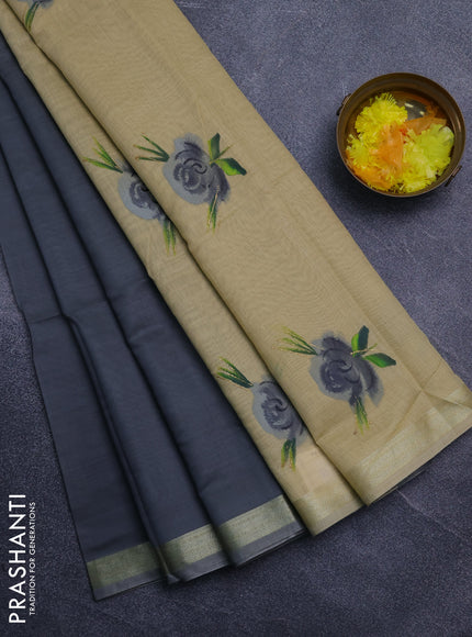 Linen cotton saree grey and sandal with plain body and hand painted pallu