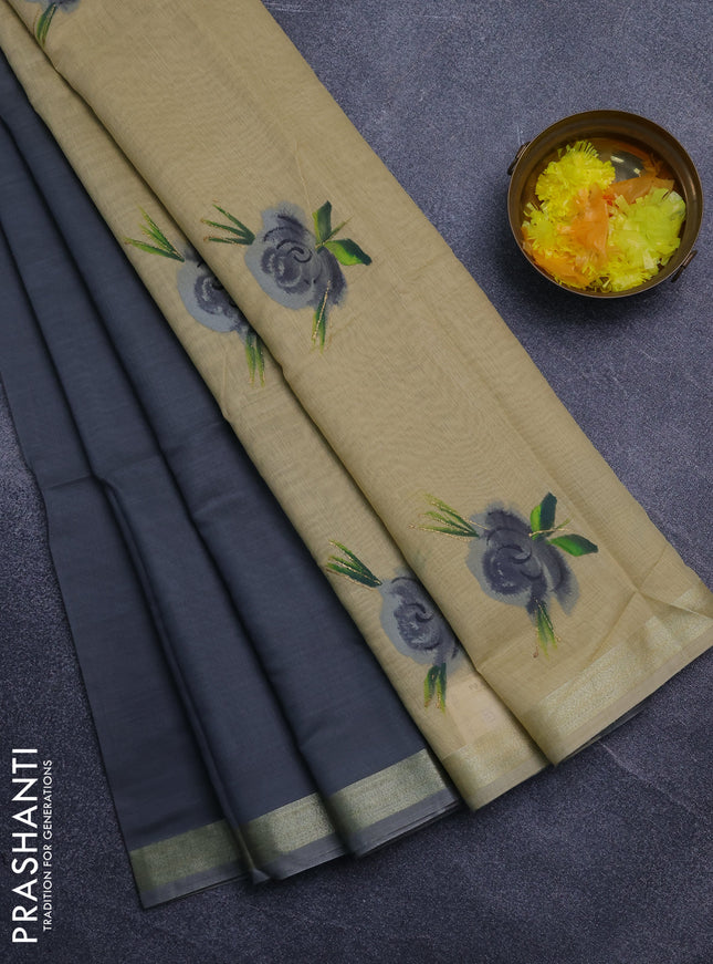 Linen cotton saree grey and sandal with plain body and hand painted pallu