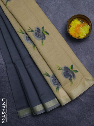 Linen cotton saree grey and sandal with plain body and hand painted pallu