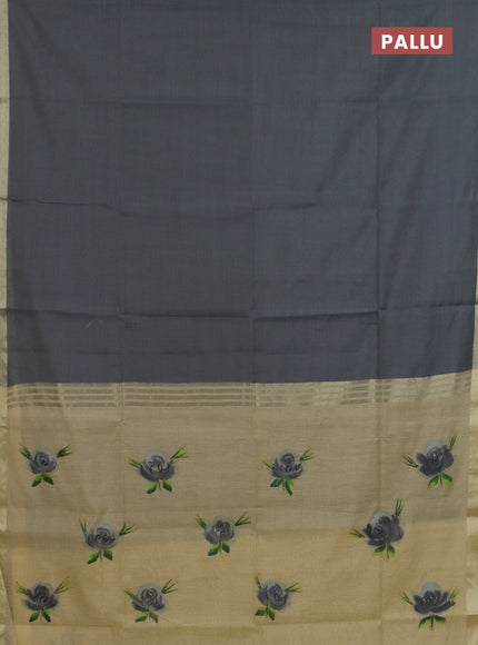 Linen cotton saree grey and sandal with plain body and hand painted pallu