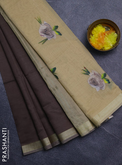 Linen cotton saree dark beige and sandal with plain body and hand painted pallu