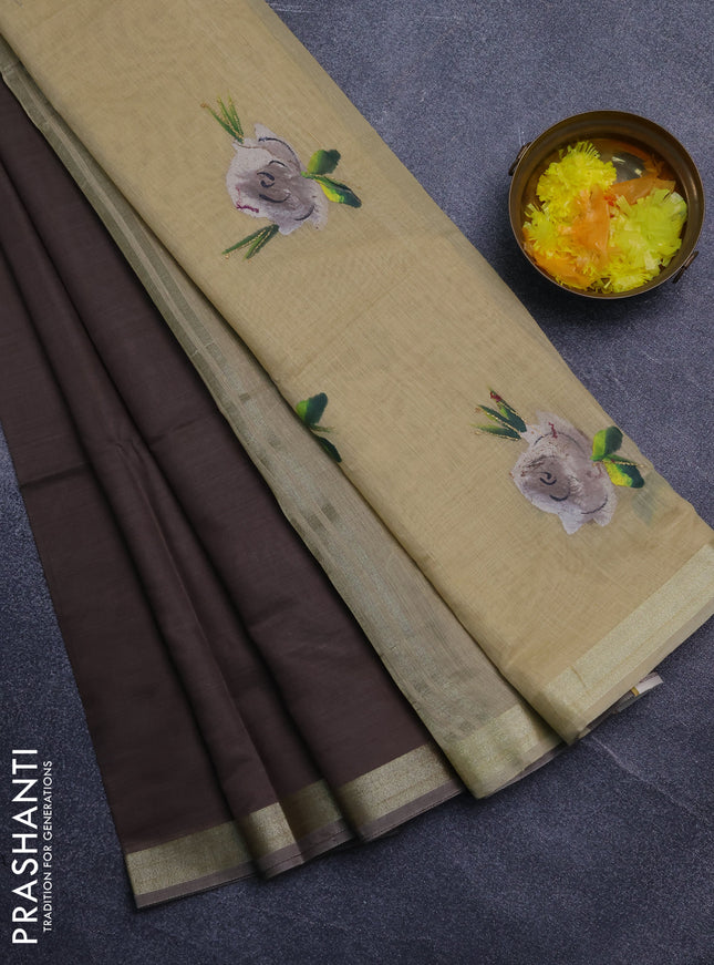 Linen cotton saree dark beige and sandal with plain body and hand painted pallu