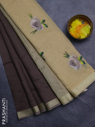 Linen cotton saree dark beige and sandal with plain body and hand painted pallu