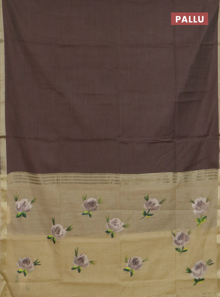 Linen cotton saree dark beige and sandal with plain body and hand painted pallu