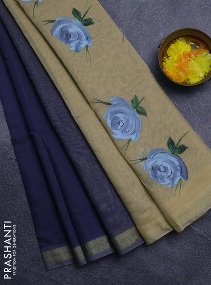Linen cotton saree navy blue and sandal with plain body and hand painted pallu