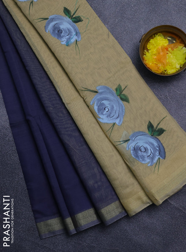 Linen cotton saree navy blue and sandal with plain body and hand painted pallu