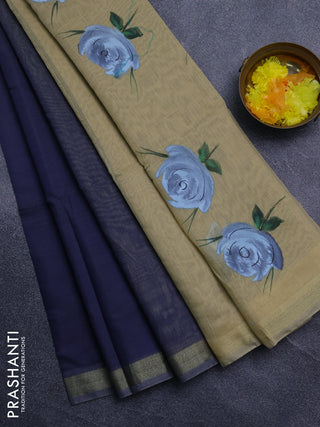 Linen cotton saree navy blue and sandal with plain body and hand painted pallu