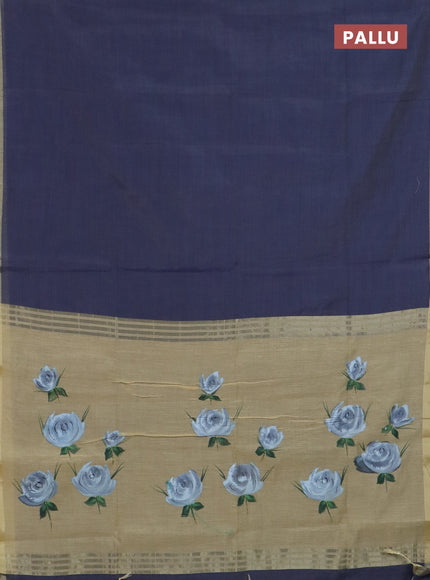Linen cotton saree navy blue and sandal with plain body and hand painted pallu