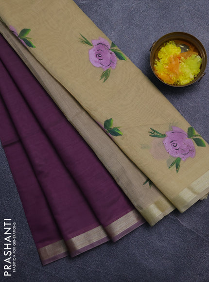 Linen cotton saree purple and sandal with plain body and hand painted pallu