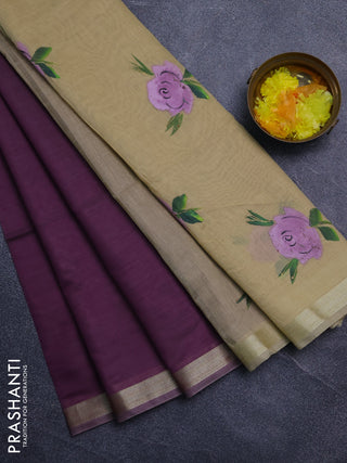 Linen cotton saree purple and sandal with plain body and hand painted pallu