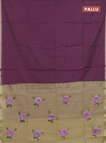 Linen cotton saree purple and sandal with plain body and hand painted pallu