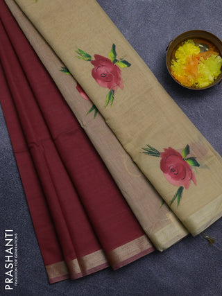 Linen cotton saree maroon and sandal with plain body and hand painted pallu