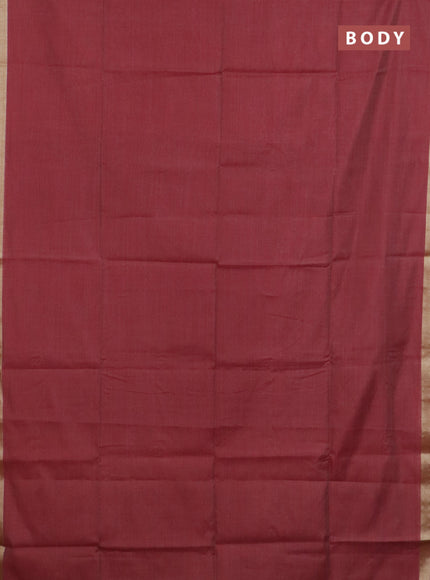 Linen cotton saree maroon and sandal with plain body and hand painted pallu