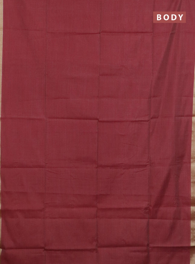 Linen cotton saree maroon and sandal with plain body and hand painted pallu