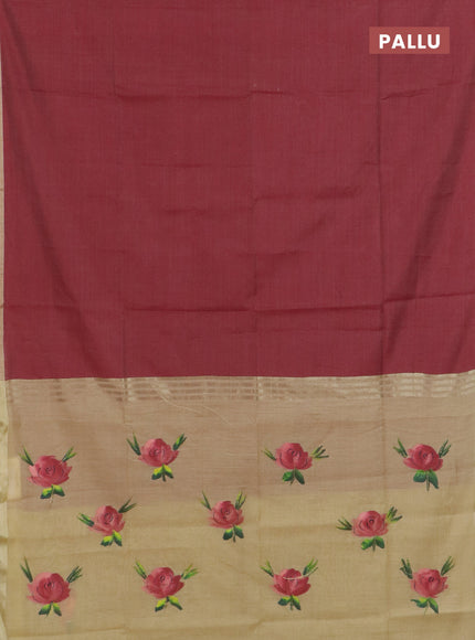 Linen cotton saree maroon and sandal with plain body and hand painted pallu