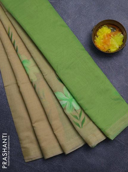 Linen cotton saree sandal and light green with floral hand paint prints and zari woven border