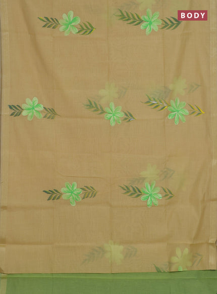 Linen cotton saree sandal and light green with floral hand paint prints and zari woven border