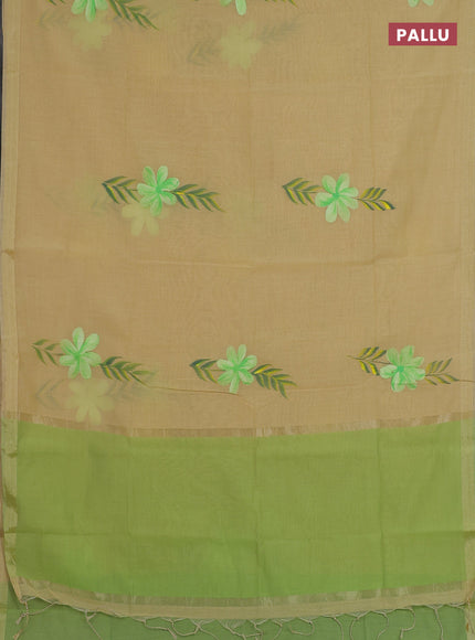 Linen cotton saree sandal and light green with floral hand paint prints and zari woven border