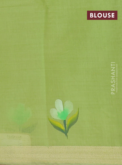 Linen cotton saree sandal and light green with floral hand paint prints and zari woven border