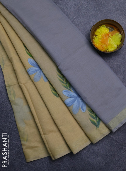Linen cotton saree sandal and grey with floral hand paint prints and zari woven border