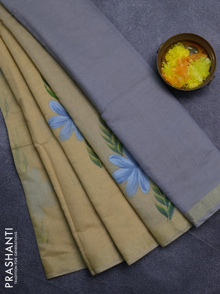 Linen cotton saree sandal and grey with floral hand paint prints and zari woven border