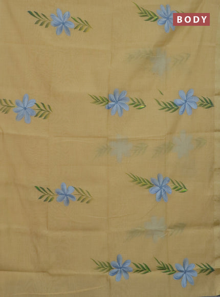 Linen cotton saree sandal and grey with floral hand paint prints and zari woven border