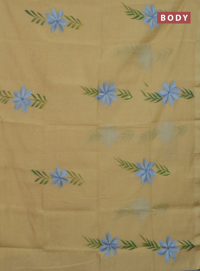 Linen cotton saree sandal and grey with floral hand paint prints and zari woven border