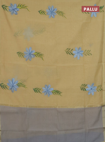 Linen cotton saree sandal and grey with floral hand paint prints and zari woven border