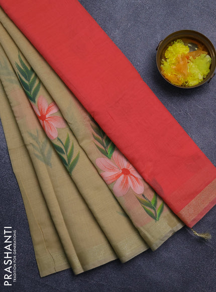 Linen cotton saree sandal and peach shade with floral hand paint prints and zari woven border