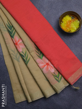 Linen cotton saree sandal and peach shade with floral hand paint prints and zari woven border