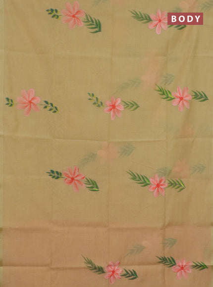 Linen cotton saree sandal and peach shade with floral hand paint prints and zari woven border