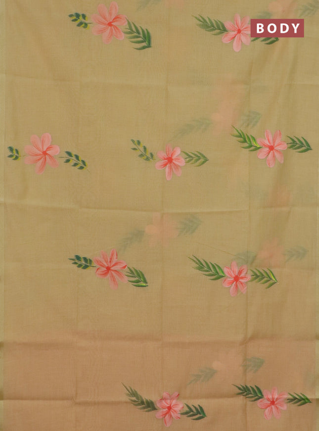 Linen cotton saree sandal and peach shade with floral hand paint prints and zari woven border