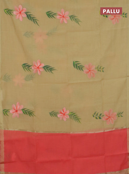 Linen cotton saree sandal and peach shade with floral hand paint prints and zari woven border