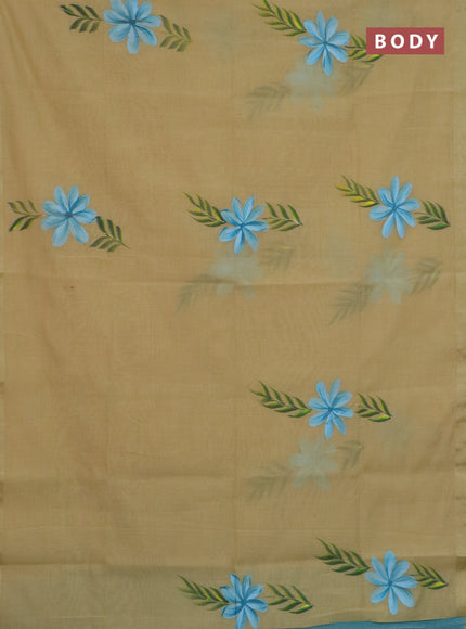Linen cotton saree sandal and teal blue with floral hand paint prints and zari woven border