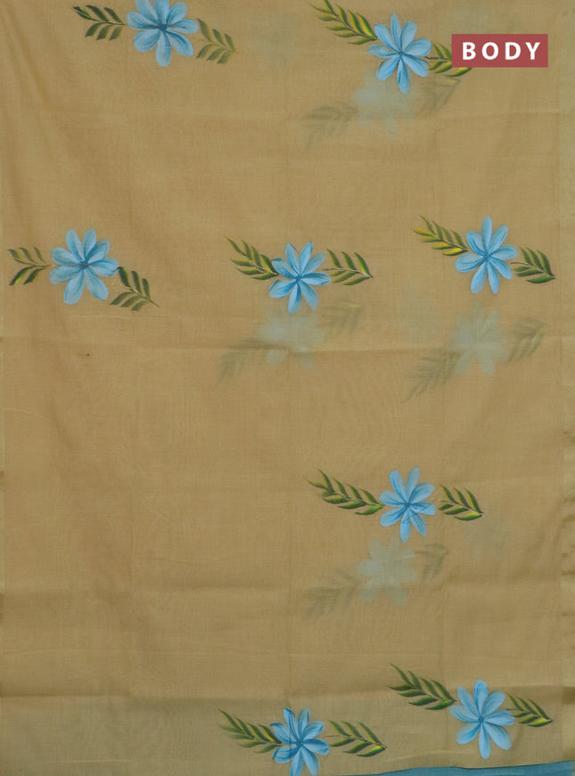 Linen cotton saree sandal and teal blue with floral hand paint prints and zari woven border