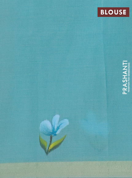 Linen cotton saree sandal and teal blue with floral hand paint prints and zari woven border